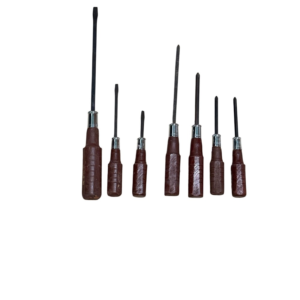 Vintage‎ IIT Screwdriver Set  Brown 7pc Wood Handle Heat Treated 60850